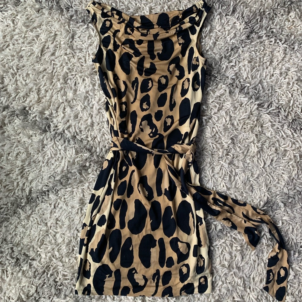 DVF Cowl Neck Animal Print Dress with Belt